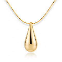  golden teardrop pendant necklace on white background.