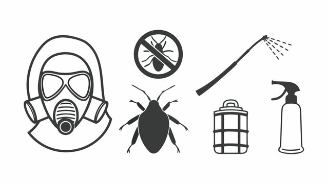 Pest control illustration featuring protective gear and bug spray against cockroaches in a hazardous environment from a frontal viewpoint