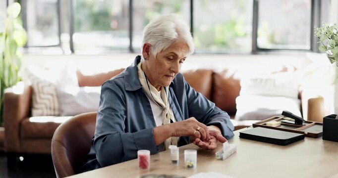 Old woman, pills and drugs storage at house for daily dosage, medicine routine and prescription. Senior person, tablets and container for weekly planner, pharmaceutical reminder and chronic illness