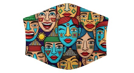 Fototapeta premium Colorful illustration of diverse faces pattern on fabric mask design