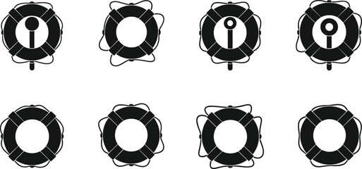 Lifebuoy icons with location pin symbol set, black and white life ring flotation device graphics, nautical rescue and maritime safety illustrations isolated on white © MdSakila