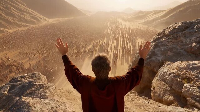 Biblical Scene Illustration of Balaam Standing on a Mountain, Raising His Hands to Bless Israel and Proclaim Prophecy