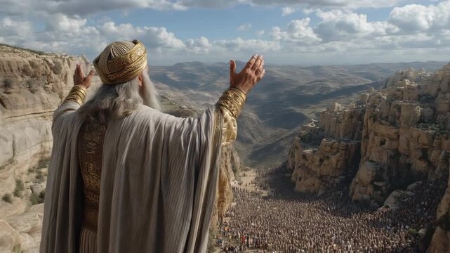 Biblical Scene Illustration of Balaam Standing on a Mountain, Raising His Hands to Bless Israel and Proclaim Prophecy