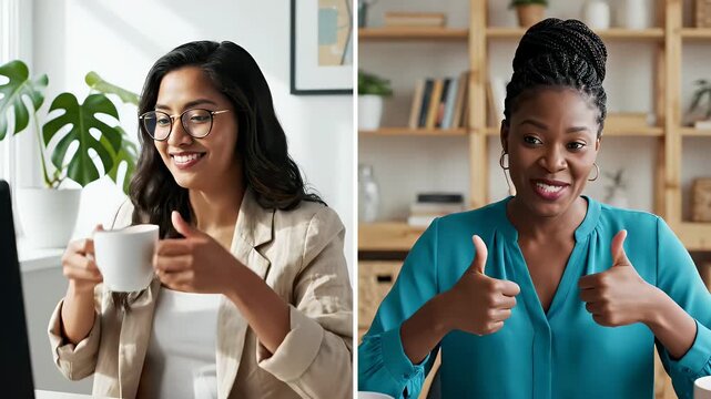 Two women having a positive video call and giving thumbs up