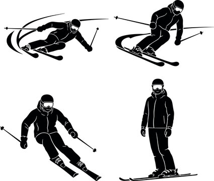 Skier Silhouette Set with Athletes Downhill Skiing and Professional Winter Sport Poses