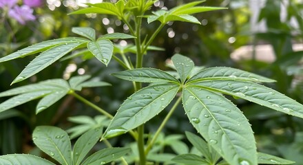 Obraz premium Close up of vibrant green plant leaves with water droplets and blurred background