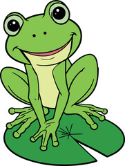 Fototapeta premium Smiling green frog sitting on large leaf with big eyes