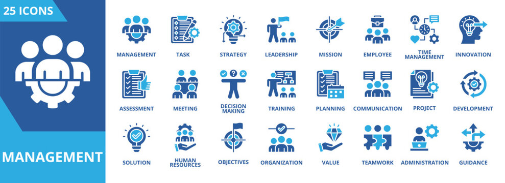 Management icon collection set. Containing task, strategy, leadership, employee, time management, assessment, meeting, decision making icon. Simple flat vector