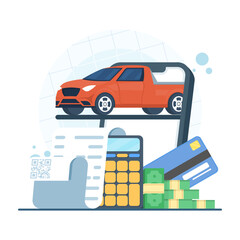 Naklejka premium Vector illustration of buying red car via mobile phone with payment card and receipt. Represents online auto sales, digital payment, and vehicle purchase concept.