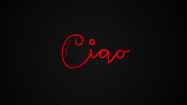 Ciao text word One line continuous animated typography intro outro animation video, hand drawn calligraphy monoline lettering vintage single line handwriting italian greeting red type on black bg