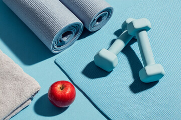 A fitness setup with yoga mats dumbbells and a healthy red apple nearby