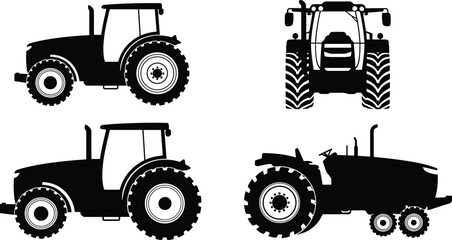 Tractor silhouette vector set featuring agricultural farm vehicles in side and front views, black heavy machinery icons isolated on white background © MdSakila