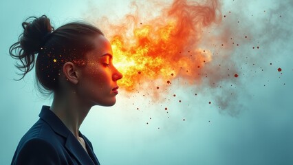 Businesswoman profile with fiery explosion bursting from face, eyes closed, emotional burnout concept, blue background, digital art, concept of stress, mentalhealth, psychology