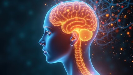 Transparent blue female head profile with glowing orange brain and spinal cord visible, orange bokeh particles, dark background, digital art, concept of neuroscience, neurology, mentalhealth