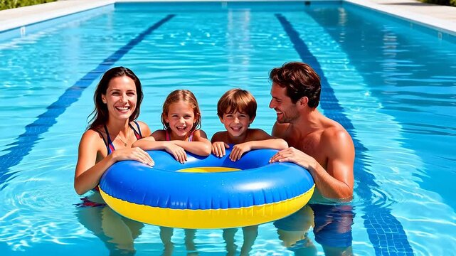 Family in swimming pool with float