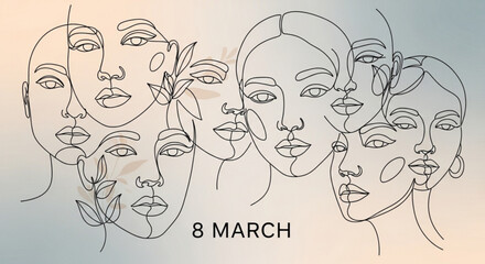Fototapeta premium Minimalist line art of multiple women's faces with leaves on women's day 8 march