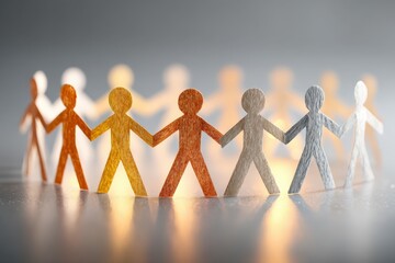 Paper cutout figures of diverse colors holding hands in a circle, illuminated from behind, creating a warm glow on a reflective surface