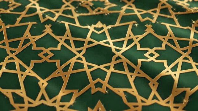 Intricate gold arabesque pattern on a green background.