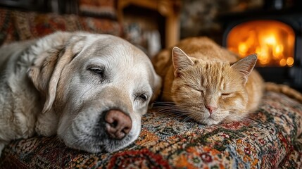お昼寝する犬と猫