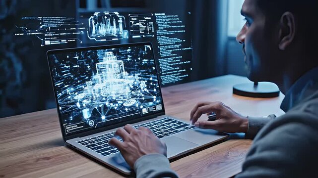 Man working on a laptop with a holographic digital interface displaying complex data and network connections