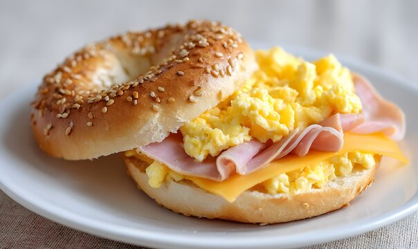 toasted bagel, cut in half with scrambled eggs, slice of cheddar cheese, a slice of ham, on a white plate