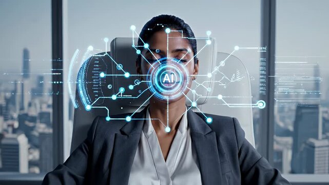 Businesswoman with AI interface overlaying her face in a modern office setting, symbolizing technology and innovation