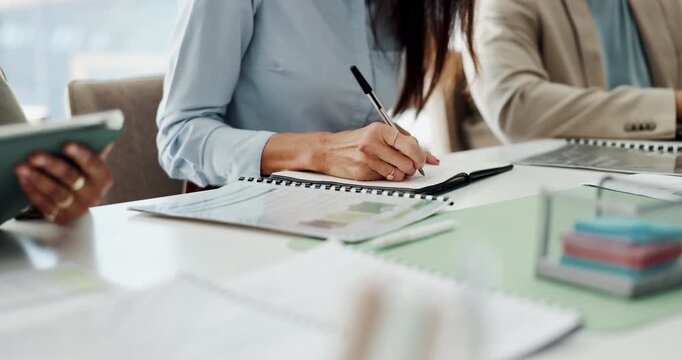 Writing, hands and business woman with book in meeting for schedule planning, agenda or tasks. Female person, employee or taking notes with diary for reminder, project ideas or report in workplace