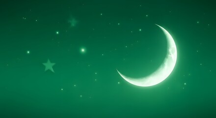 Bright crescent moon and stars in a green night sky
