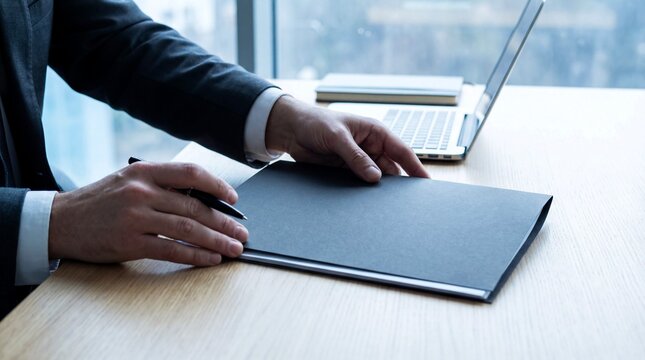 Close up of a businessman in a dark suit holding a black folder and a pen while working near a modern laptop computer.