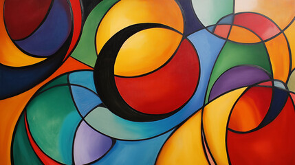 Fototapeta premium Bold Abstract Geometric Circle Overlap Painting with Curved Shapes and Thick Black Outlines