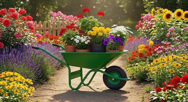 A green wheelbarrow loaded with vibrant potted flowers on a garden path, surrounded by blooms