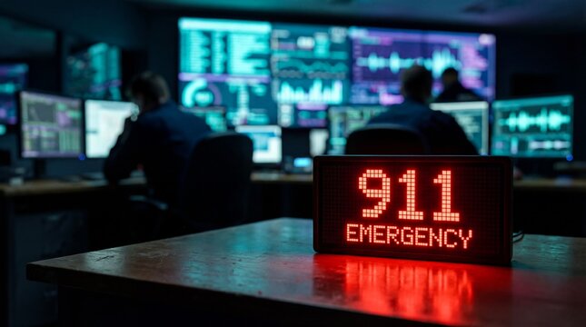 Red digital display showing 911 emergency alert rests on a desk within a dimly lit control room environment.