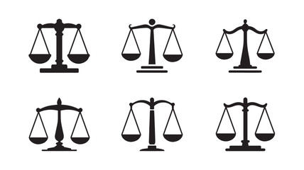 Justice Scales Silhouettes in Various Styles on White Background in Black and White Monochromatic Illustration for Legal Symbols