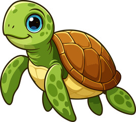 This charming sea turtle character illustration showcases bright colors and a friendly expression, promoting playfulness and conservation awareness in an appealing children's art style.