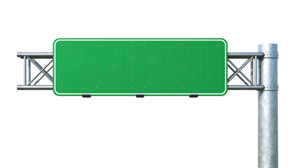 Overhead highway sign against a black background, with steel supports