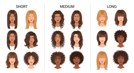 Collection of diverse female hairstyles short medium and long.