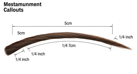 Close up of a single brown eyebrow hair with measurements.