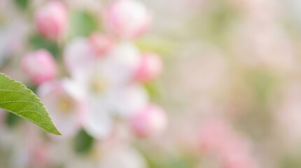 Obraz premium Fresh green leaf in sharp focus, with delicate pink and white flower buds blooming. Soft background creates a tranquil spring ambiance.