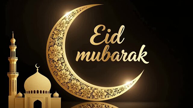 eid mubarak golden crescent moon mosque minarets celebration background