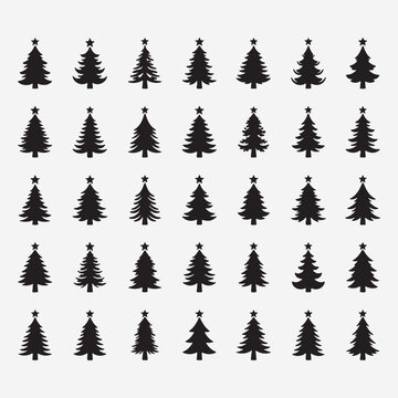 Pine Tree Forest Christmas Evergreen Clipart, Fir Tree Silhouette Illustration Vector Art, Winter Holiday Tree Sketch Design Art Set, Christmas Tree Collection Graphic Art Design, Forest Nature Elemen