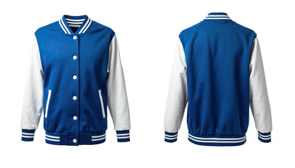 Two views of a royal blue and white varsity jacket
