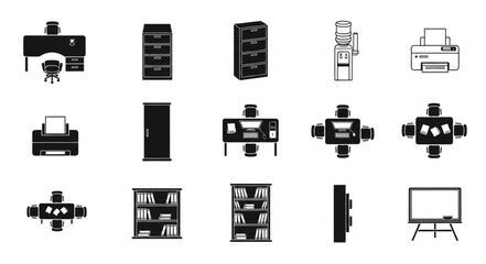Collection of office furniture and equipment icons.