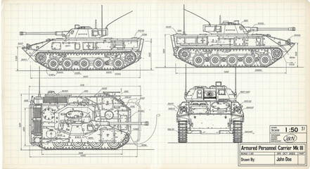 Detailed Technical Blueprint of a Military Tank Design.