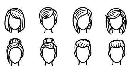 Collection of eight stylized female and male hairstyles in black and white.