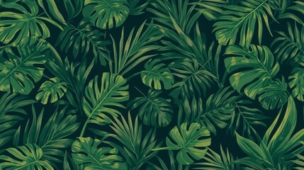 Fototapeta premium A lush and vibrant illustration of tropical jungle foliage, featuring diverse palm and monstera leaves in bold green hues, embodying a modern and clean vector design