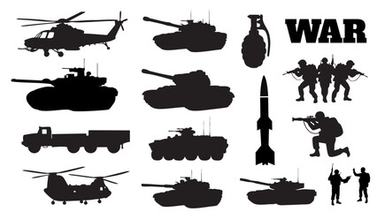 collection of military vehicle silhouettes and weapons including tanks helicopters and soldiers © foxndeer