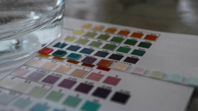 Detailed visual of water test strip with colored reagent pads resting on paper colorimetric chart. Chemical analysis of water sample for various properties. Very hard tap water