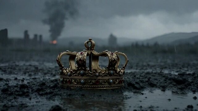 Golden crown lies abandoned in muddy, rainy ruins with smoke rising in the distance.