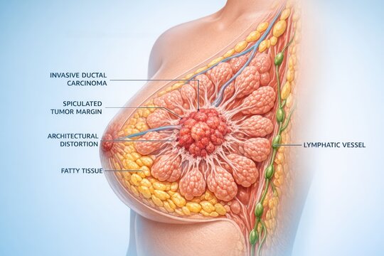 Detailed Medical Illustration of Breast Cancer Anatomy and Lymphatic Vessels.