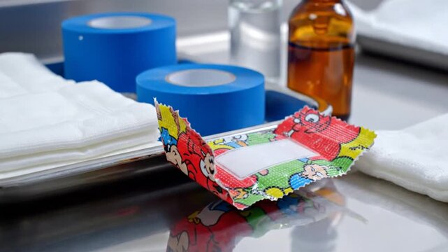 Medical supplies arranged on a stainless steel tray with bandage and gauze for first aid treatment